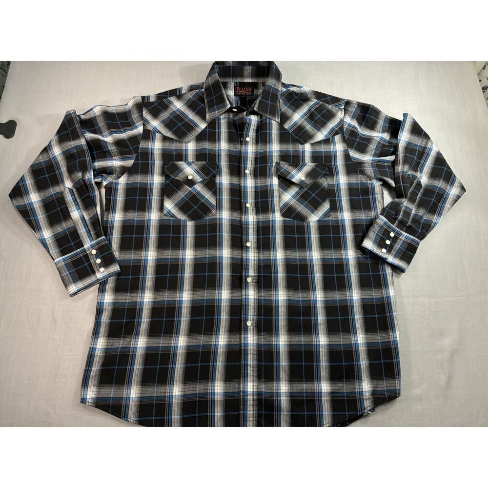 Plains Westernwear Pearl Snap Shirt Mens Large Black Blue Plaid Long Sleeve
